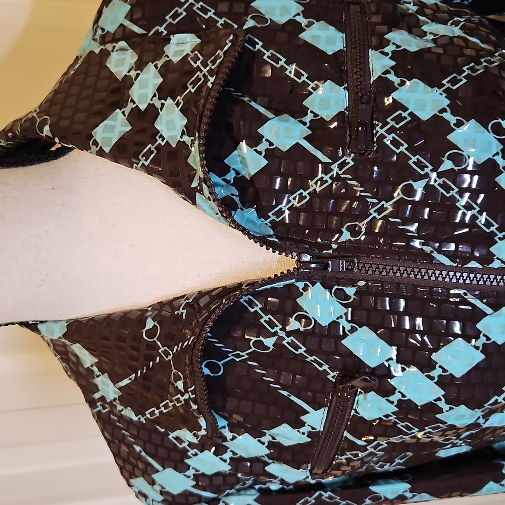 NABI Brown and Blue Patterned Jacket Blazer S Zip Up Stylish Unique Shiney NWOT - Picture 3 of 11